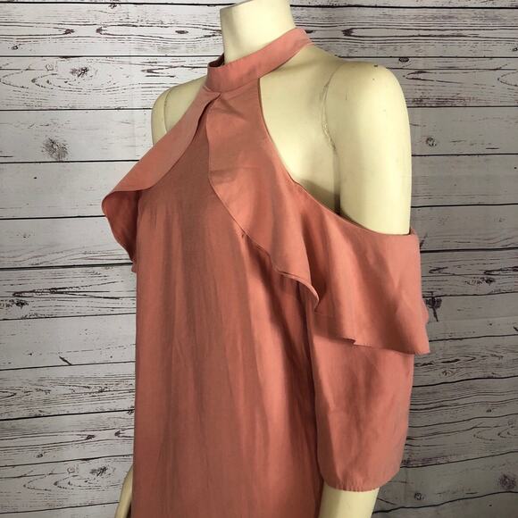 BCBGENERATION COLD SHOULDER HIGH NECK HALTER RUFFLED MINI DRESS size xs - Picture 10 of 12